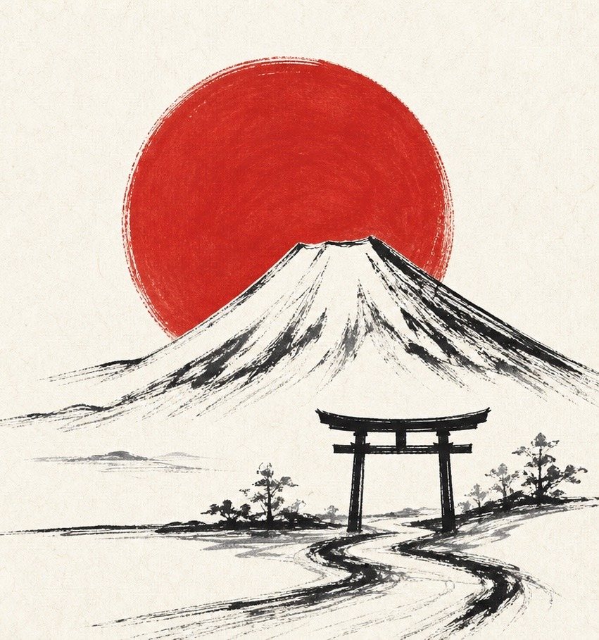 Ilustración en tinta del monte Fuji, un sol rojo y un torii
